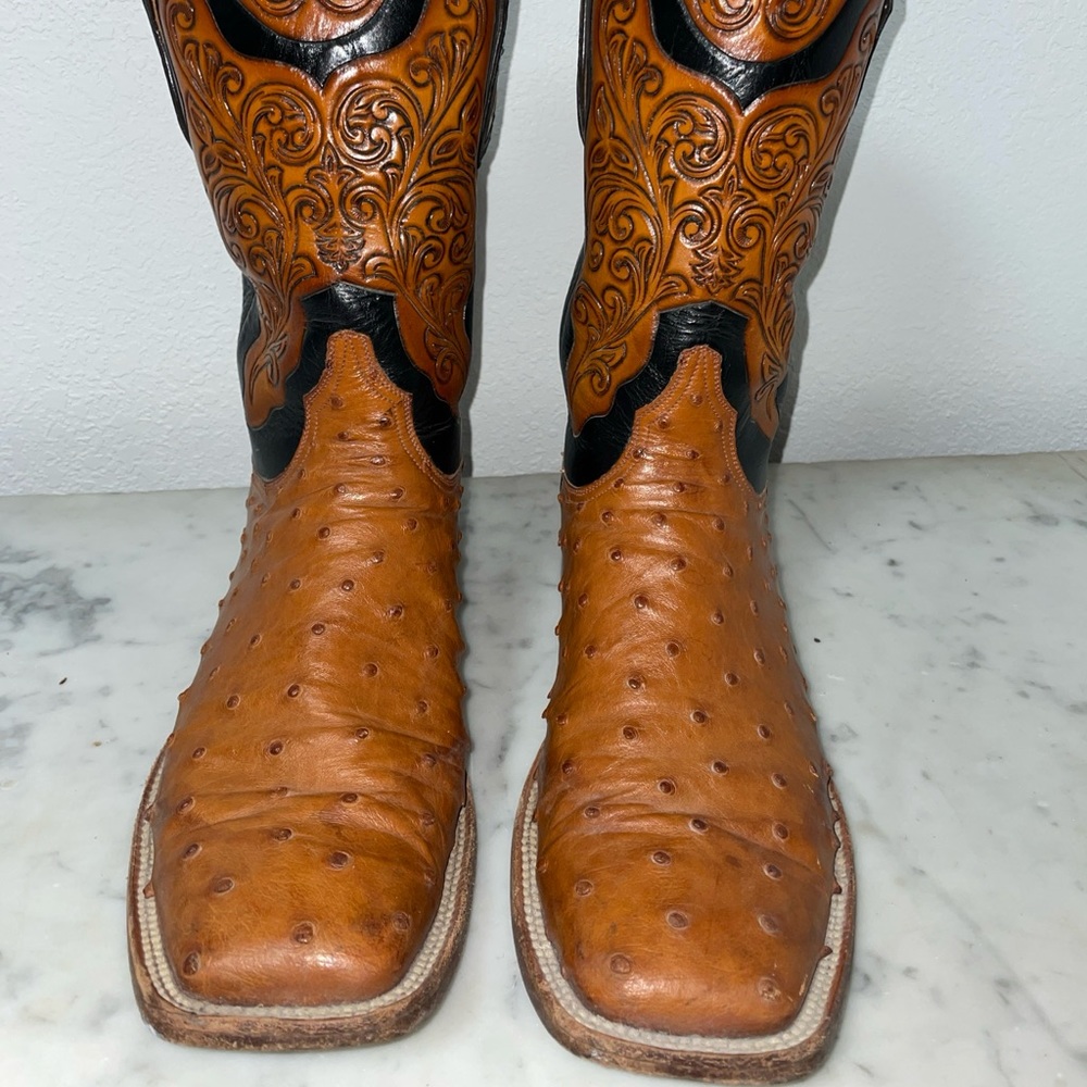 Black Jack Ostrich Cowboy Boots Tooled Tops Men’s 10 D
